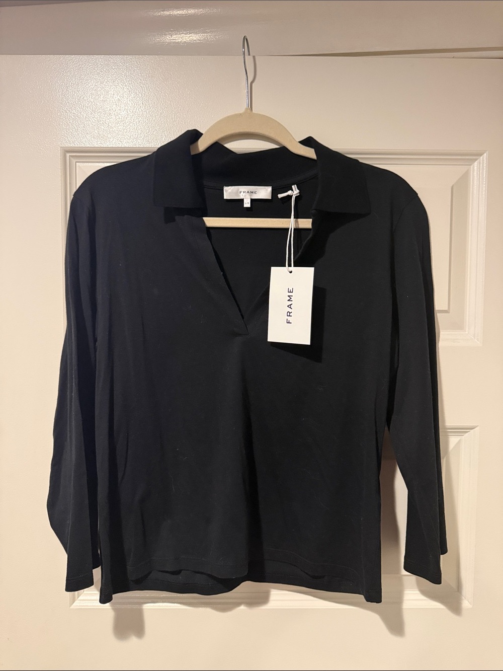 Frame Denim Black Long-Sleeve Polo Top with V-Neck
